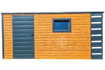 Gartenhaus - Gartenschuppen 4x2m + Überdachung 0,5m - Tür - PVC Kippfenster - Helles Walnussholz - Holzoptik - Anthrazit - Flachdach ID656