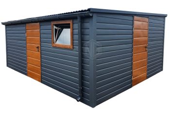 Blechgarage 5x5m - 3x Tür - Anthrazit - Dachrinnen - Flachdach ID564