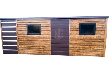 Gartenhaus - Gartenschuppen 5x2,5m + Überdachung - Tür - Helles Walnussholz - Holzoptik - Dunkles Braun - Flachdach ID558