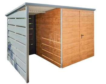 Gartenhaus - Gartenschuppen 2x2m + Überdachung 1,2m - Zweiflügeliges Tor - Helles Walnussholz - Holzoptik - Anthrazit - Flachdach ID647