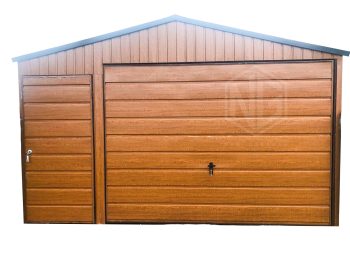 Blechgarage 4x6m - Schwingtor + Zusätzliche Tür - Holzoptik - Satteldach GP95