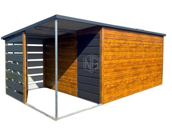 Gartenhaus - Gartenschuppen 4x2,5m + Überdachung 1,5m - Tür - PVC Kippfenster - Goldene Eiche - Holzoptik - Flachdach ID556