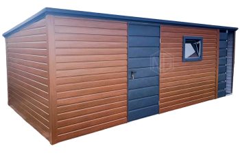 Gartenhaus - Gartenschuppen 4,5x3m + Überdachung 1,2m - Tür - PVC Kippfenster - Goldene Eiche - Holzoptik - Flachdach ID635