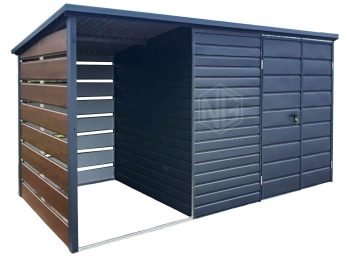 Gartenhaus - Gartenschuppen 3x2m + Überdachung 1,5m - Zweiflügeliges Tor - Anthrazit - Dunkles Walnussholz - Holzoptik - Flachdach ID633