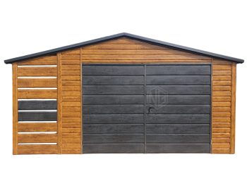 Gartenhaus - Schuppen 4x5m + Überdachung 1m - Zweiflügeliges Tor - PVC Kippfenster - Dachrinnen - Helles Walnussholz - Norwegische Kiefer - Holzoptik - Satteldach ID550