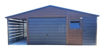 Blechgarage 5x6m + Überdachung 1,5m - Schwingtor - PVC Kippfenster - Tür - Dachrinnen - Verzinkte Konstruktion - Dunkles Walnussholz - Holzoptik - Satteldach ID551