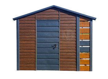 Gartenhaus - Gartenschuppen 2x2,5m + Überdachung 0,5m - Tür -Dunkles Walnussholz - Helles Walnussholz - Holzoptik - Satteldach ID629