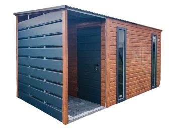 Gartenhaus - Gartenschuppen 2,5x2m + Überdachung 1m - 2x PVC Kippfenster - Tür - Helles Walnussholz - Holzoptik - Dach fällt nach vorne ID628