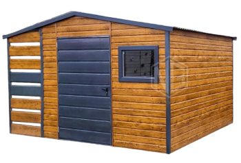 Gartenhaus - Gartenschuppen 2,5x2,5m + Überdachung 1m - Tür - PVC Kippfenster - Helles Walnussholz - Holzoptik - Satteldach ID627