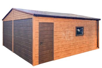 Blechgarage 6x6m - 2x Schwingtor - 2x PVC Kippfenster - Tür - Helles Walnussholz - Dunkles Walnussholz - Holzoptik - Dachrinnen - Satteldach ID623