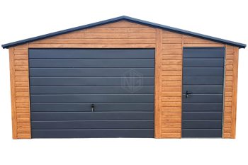 Blechgarage 5,5x6m - Schwingtor - Tür - Helles Walnussholz - Holzoptik - Anthrazit - Dachrinnen - Satteldach ID621