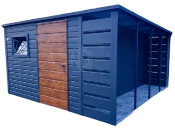 Gartenhaus - Schuppen 3x4m + Überdachung 1m - Tür - PVC Kippfenster - Dachrinnen  - Helles Walnussholz - Holzoptik - Anthrazit - Flachdach  ID538