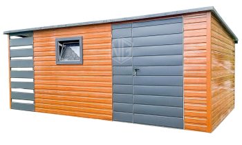 Gartenhaus - Gartenschuppen 4x2,5m + Überdachung 1m - PVC Kippfenster - Zweiflügeliges Tor - Goldene Eiche - Holzoptik - Anthrazit - Flachdach  ID618