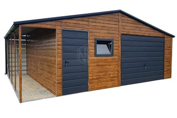 Blechgarage 5,5x6m + Überdachung 1m - Schwingtor - Tür - PVC Kippfenster - Helles Walnussholz - Holzoptik - Anthrazit - Dachrinnen - Satteldach ID566