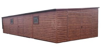 Blechgarage 5x11m Zweiflügeliges Tor - 2x Tür - 2x PVC Kippfenster - Dunkles Walnussholz - Holzoptik - Verzinkte Konstruktion - Dach mit Neigung nach links ID491