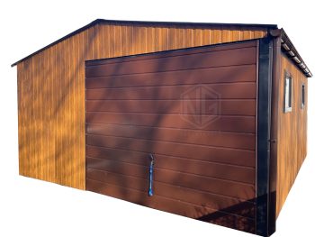 Blechgarage 5,5x6m - Schwingtor - Tür - 2x PVC Kippfenster - Dachrinnen - Helles Walnussholz - Holzoptik - Satteldach GP278
