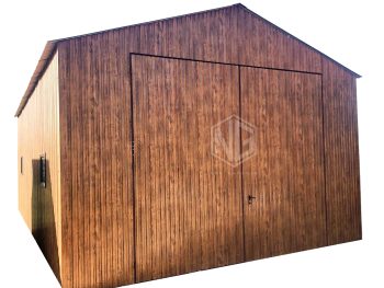 Blechgarage 5x9m Zweiflügeliges Tor - 3x PVC Kippfenster - Helles Walnussholz - Holzoptik - Satteldach GP127