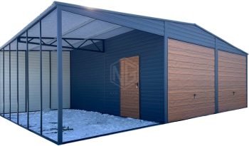 Blechgarage 6x6m + Überdachung 3m - 2x Schwingtor - Anthrazit - Holzoptik - Satteldach | GP585 |