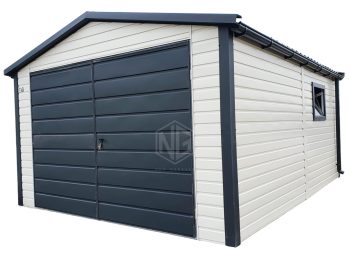 Blechgarage 4x5m - Zweiflügeliges Tor - Tür - 2x PVC Kippfenster - 2x PVC Kippfenster - Dachrinnen - Metalldachziegel - Weiß - Anthrazit - Satteldach  ID540
