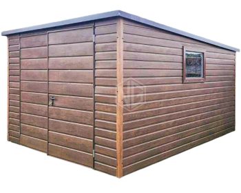 Blechgarage 4x5m - Zweiflügeliges Tor - PVC Kippfenster - Dunkles Walnussholz - Holzoptik - Flachdach ID660