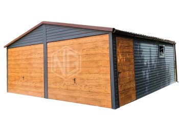 Blechgarage 6x5,5m Satteldach Holzoptik 2x Schwingtor PVC Kippfenster ID110