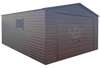 Blechgarage 4x5m - Schwingtor - Tür - PVC Kippfenster - Dunkles Walnussholz - Holzoptik - Satteldach ID757