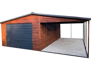 Blechgarage 5x6m -Schwingtor + Überdachung   3m x 6m Holzoptik - Satteldach GP88