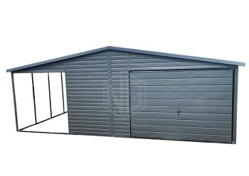 Blechgarage 5x6m + Überdachung - Schwingtor + Zusätzliche Tür- Anthrazit - Satteldach GP91