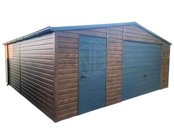 Blechgarage 6x6m -Schwingtor + Zusätzliche Tür Anthrazit 2x PVC Kippfenster + Dachrinnen - Holzoptik - Satteldach GP119