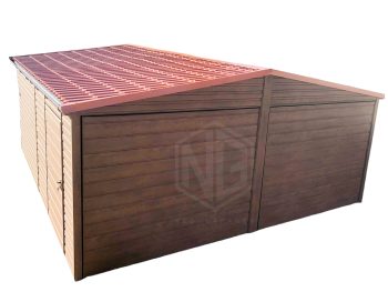 Blechgarage 6m x 6m - 2x Schwingtor + Zusätzliche Tür - Holzoptik - Satteldach GP111