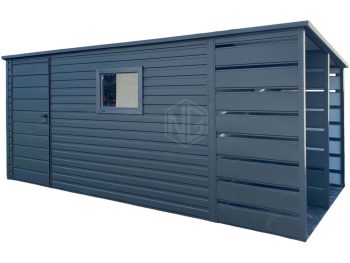 Gartenhaus - Gartenschuppen 3,8x2,5m + Überdachung 1,2m - Tür - PVC Kippfenster - Anthrazit - Flachdach GP459