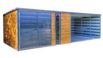 Blechgarage 4x3m + Überdachung 4,5m - Zweiflügeliges Tor - Helles Walnussholz - Holzoptik - Anthrazit - Flachdach ID568