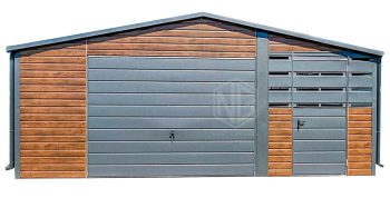 Blechgarage 4,5x6m + Überdachung 2m - 2x Tür - PVC Kippfenster - Dachrinnen - Dunkles Walnussholz - Holzoptik - Anthrazit - Satteldach ID652