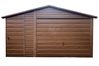 Blechgarage 4,5x6m + Überdachung 1,5m - Schwingtor - Tür - Dunkles Walnussholz - Holzoptik - Satteldach ID563