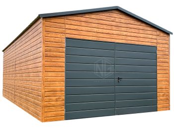 Blechgarage 4,5x6m - Zweiflügeliges Tor - Tür - Helles Walnussholz - Holzoptik - Dachrinnen -  Satteldach ID664