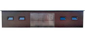 Blechgarage 12x4,5m Zweiflügeliges Tor - 4x PVC Kippfenster - Holzoptik - Flachdach ID932