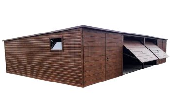 Blechgarage 12x5m 4x Schwingtor Holzoptik Pultdach ID97