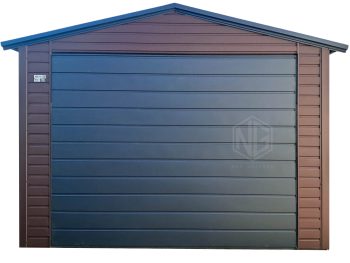 Blechgarage 3,5x5m - Schwingtor - Tür - PVC Kippfenster - Dunkles Braun - Anthrazit - Dachrinnen - Satteldach | ID987 |