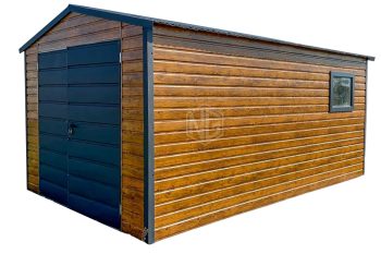 Blechgarage 3,5x5m - Zweiflügeliges Tor - PVC Kippfenster - Helles Walnussholz - Holzoptik - Anthrazit - Satteldach ID559
