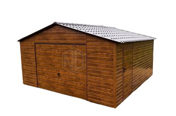 Blechgarage  5x6m Schwingtor - Dunkles Walnussholz - Holzoptik - Metalldachziegel - Satteldach GP99