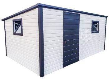 Gartenhaus - Gartenschuppen 5x3,5m - Tür - 2x PVC Kippfenster - Weiß - Schwarz - Flachdach ID639