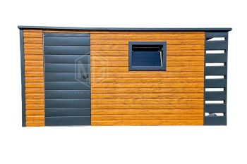 Gartenhaus - Schuppen 4,5x2m + Überdachung 0,5m - Zweiflügeliges Tor - PVC Kippfenster - Helles Walnussholz - Holzoptik - Anthrazit - Flachdach GP383