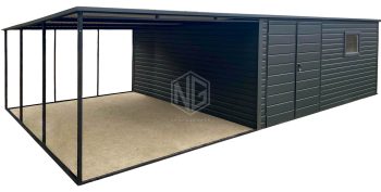 Garaż Blaszany 5x4m + Wiata 4m - Brama dwuskrzydłowa - Okno - Antracyt - dach spad w tył GP665